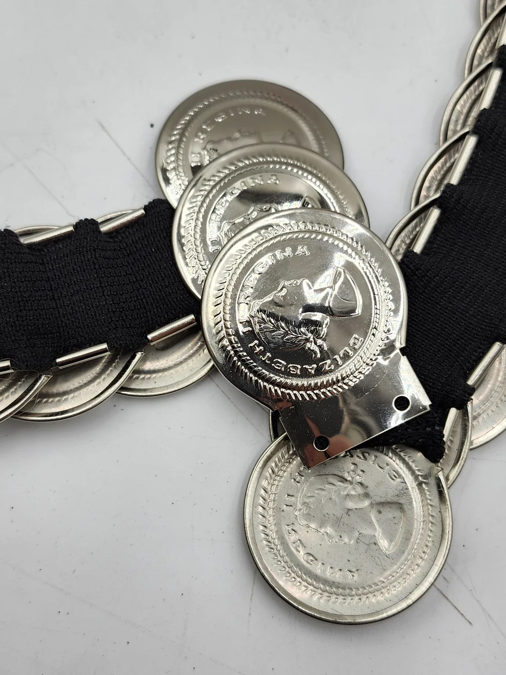 Vintage Elizabeth II Regina Coins Stretch Elastic Waist Belt Silver Tone